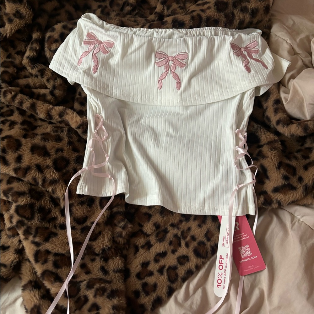Off-Shoulder White Top with Pink Accents